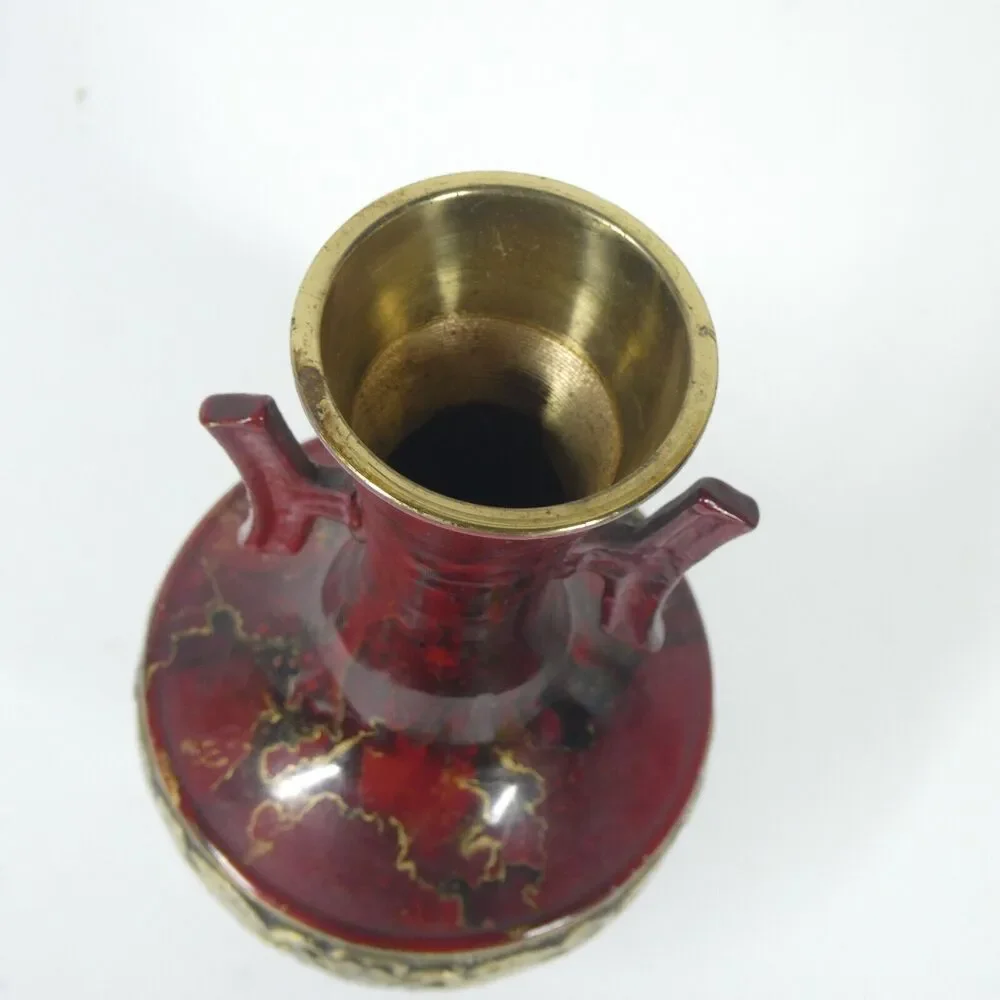 Brass Vase Red Marbled Enamel Vintage 6.5